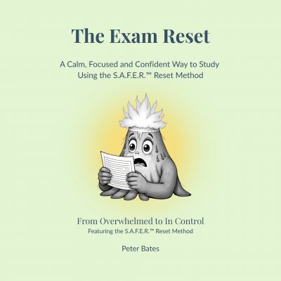 Book cover for "The Exam Reset" by Peter Bates. A cartoon volcano character with wide eyes and sweat drops looks overwhelmed while holding a piece of exam paper. The subtitle reads "A Calm, Focused and Confident Way to Study Using the S.A.F.E.R. Reset Method.
